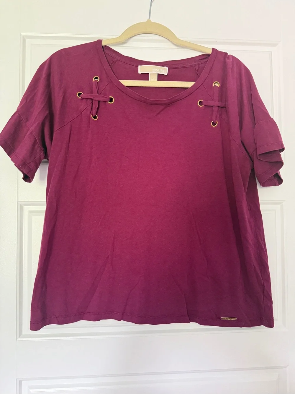 Michael Kors Ruffle Sleeve Lace-Up Short Sleeve Top in Plum